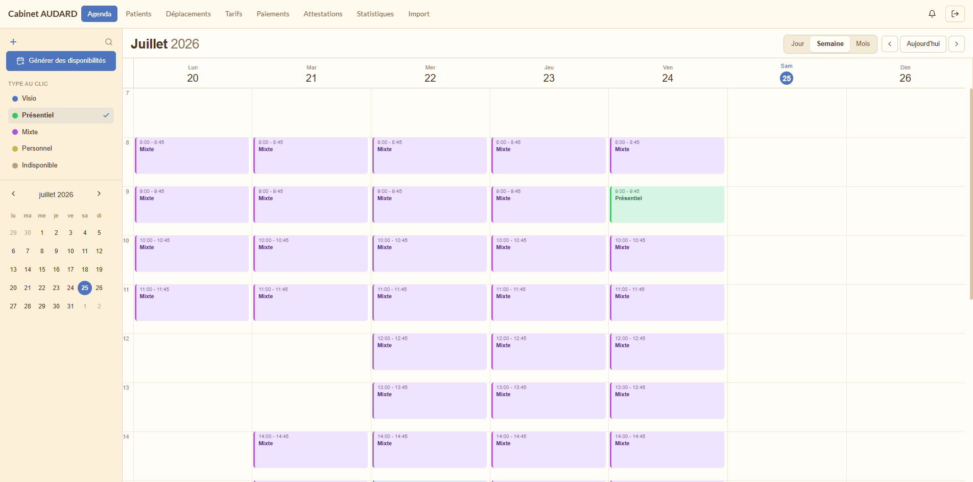 Agenda et planning du praticien dans l'interface d'administration