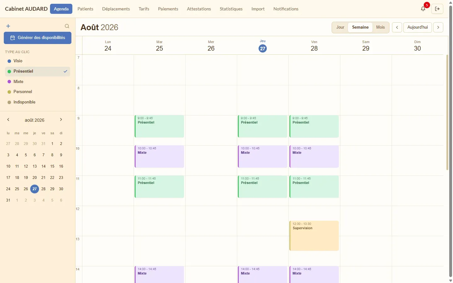 L'agenda du back-office du cabinet, en vue semaine