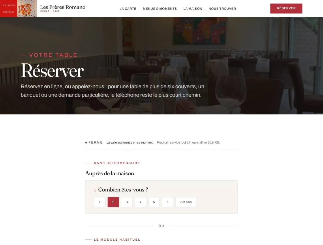 La page de réservation, avec l'état de la salle en direct.