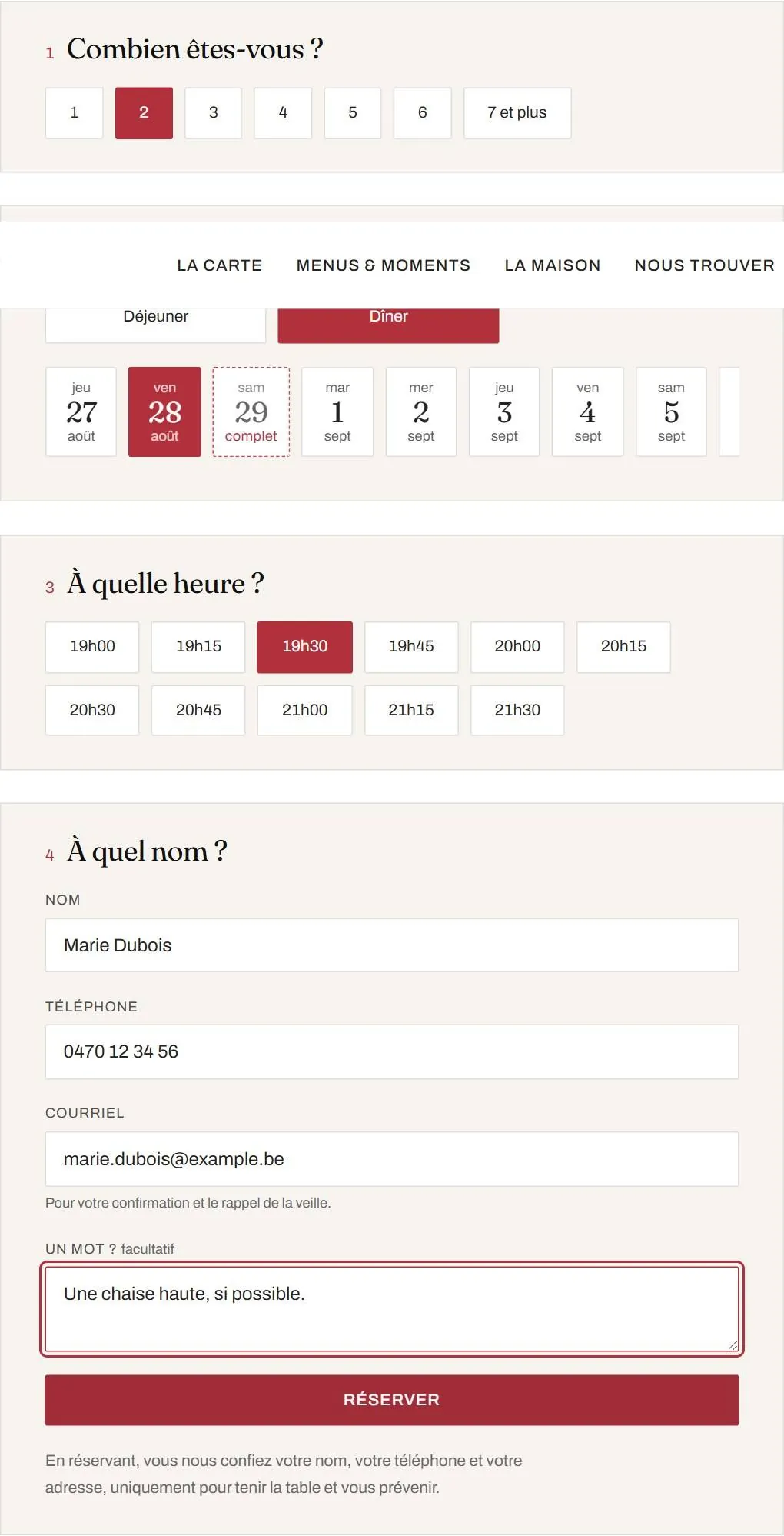 Les créneaux d'un soir, puis quatre champs dont un facultatif.