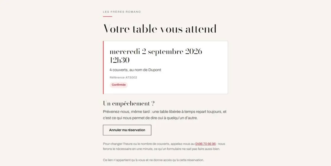 La page personnelle d'une réservation : date, couverts, référence, annulation.