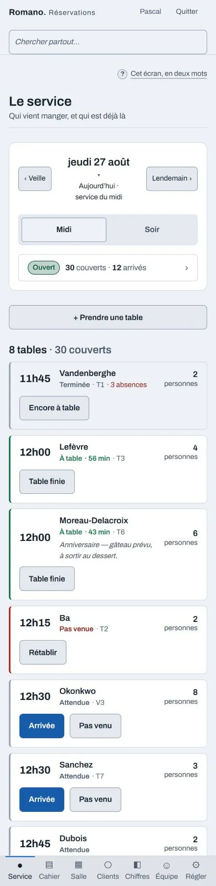 Le même écran sur le téléphone du service.