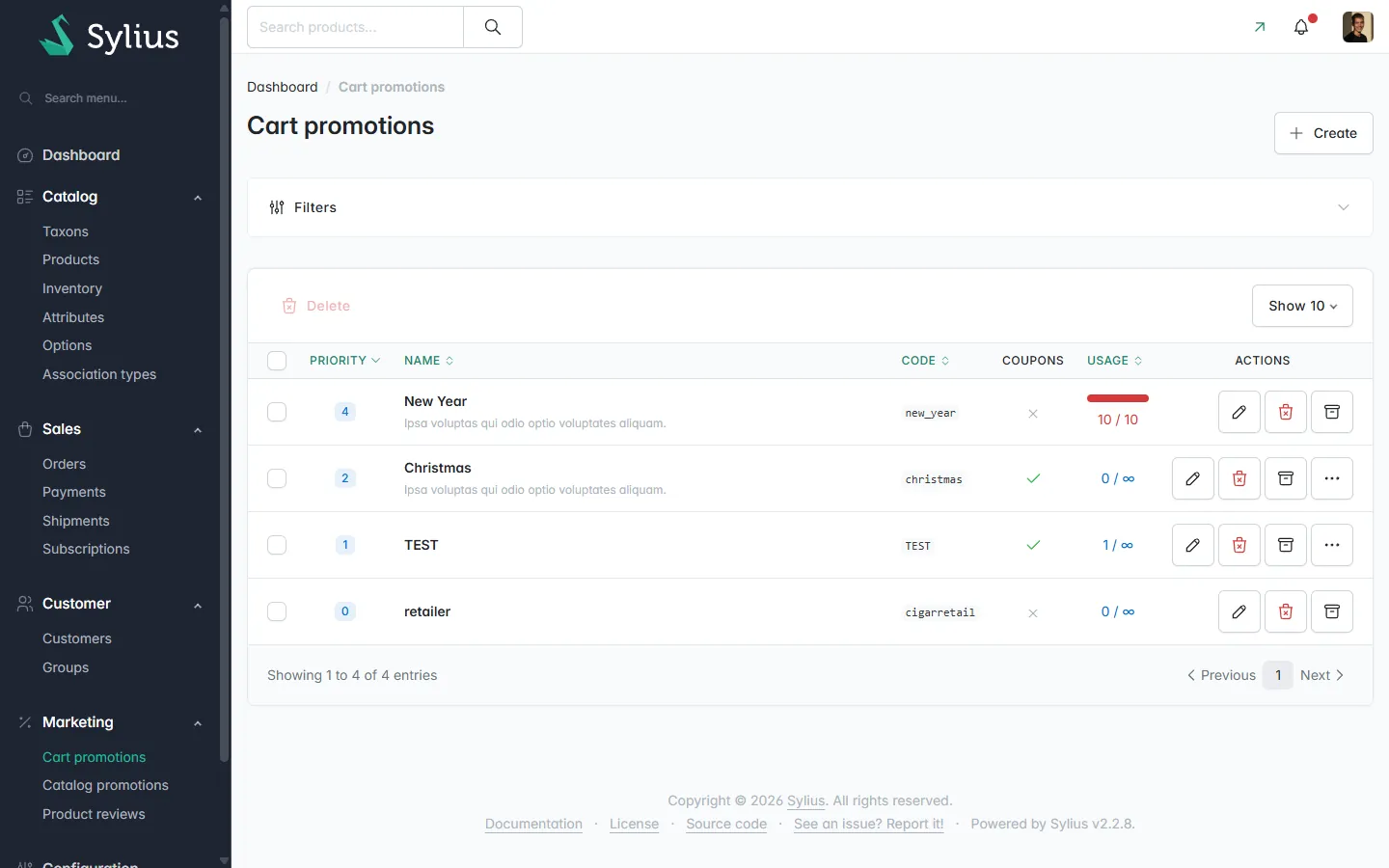 Les promotions : codes, conditions, nombre d'utilisations.